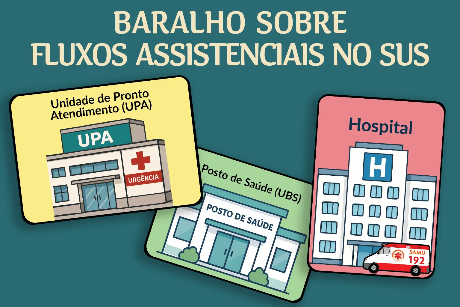 Cartas do baralho educativo mostrando diferentes situações clínicas e níveis de atenção
