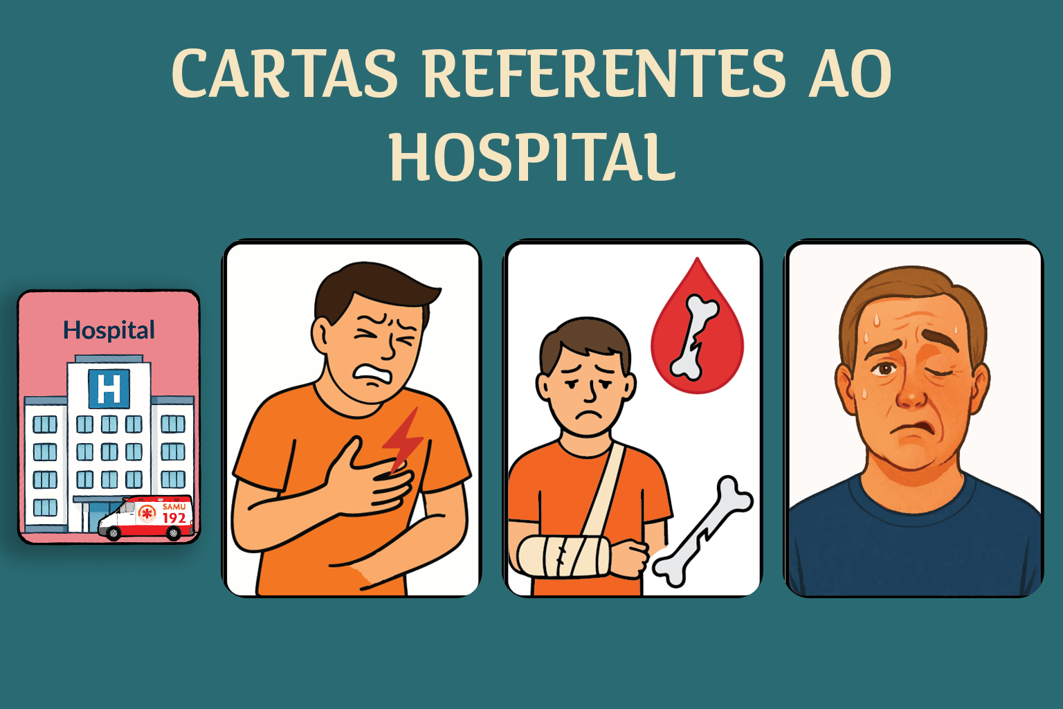 Cartas do baralho educativo mostrando diferentes situações clínicas e níveis de atenção